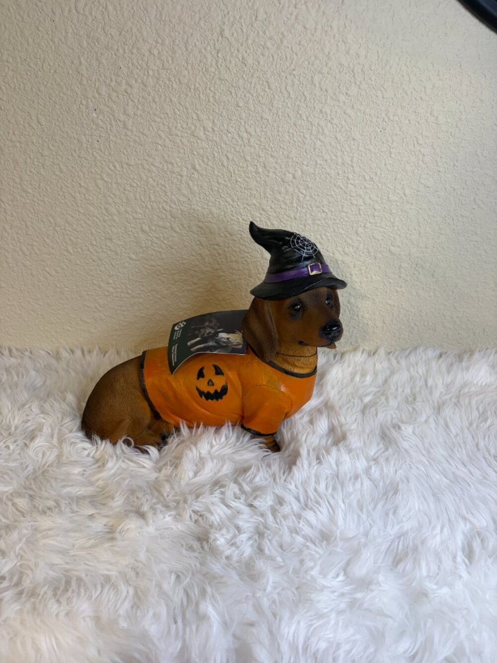 Halloween Witch Dachshund Dog Figurine Pumpkin Sweater Decor NWT - Picture 2 of 7